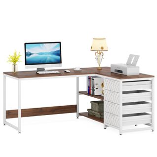 Bureau D'angle Réversible En Forme De L Avec 4 Tiroirs, 155 X 110 X 75 Cm, Noyer Et Blanc