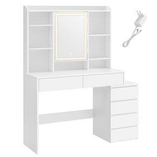 Coiffeuse, Grand Miroir LED à Luminosité Réglable, Étagères Réglables, Moderne, Blanc Nuage