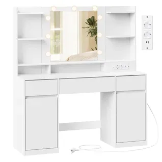 Coiffeuse Avec Miroir LED, Multiprise, 2 Placards, 9 Ampoules, Éclairage 3 Couleurs, Blanc