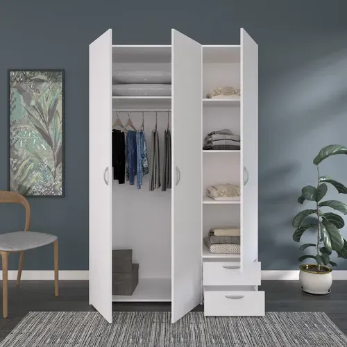 Armoire 3 portes 2 tiroirs L. 120 cm DAILY Blanc