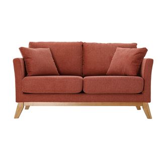Canapé Scandinave Déhoussable 2 Places En Tissu Effet Velours Texturé Terracotta Et Bois Clair Oslo