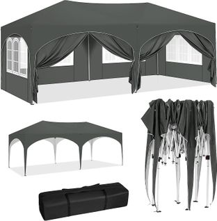 Tonnelle De Jardin 3x6m-Pergola Pliante Avec 6 Parois Latérales-Hauteur Réglable-Imperméable-Gris