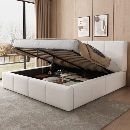 Lit Coffre 180x200 Cm, Rangement Hydraulique, Tête De Lit Doux En Tissu Bouclé Beige