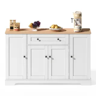 Buffet De Cuisine 138 Cm Naturel Et Blanc Avec 1 Tiroir, Double Porte Et 2 Armoires Latérales