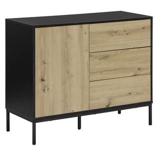 Rangement 3 tiroirs 1 porte BOEY imitation chêne et noir