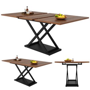 Table à Manger Extensible 120/160x80x75cm, Pieds Croisés En Fer Noir, Noyer + Noir