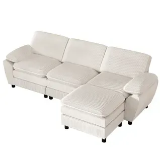 Canapé D'angle Modulable 3 Places, Style Moderne, Coussins Amovibles, Velours Côtelé - Beige