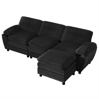 Canapé D'angle Modulable 3 Places, Style Moderne, Coussins Amovibles, Velours Côtelé - Noir