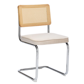 Lot De 2 Chaises Cantilever Velours Beige, Dossier Rotin Tressé, Base Métal Chromé